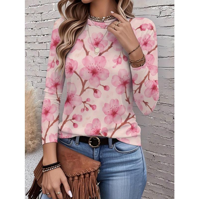 2026 New Women's Fashionable Long-Sleeved T-Shirt with Fresh Floral Pattern, Perfect for Everyday Wear and Stylish Outfits