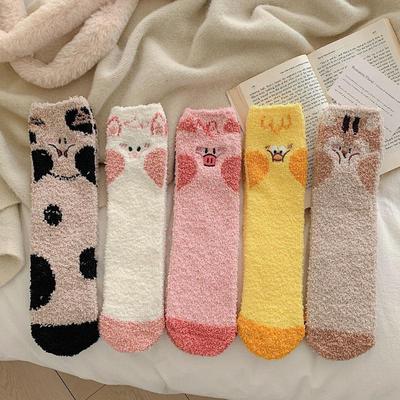 2 pares/lote de calcetines cálidos y esponjosos de invierno para mujer, para dormir en el suelo, con estampado de animales kawaii, calcetines gruesos de forro polar.