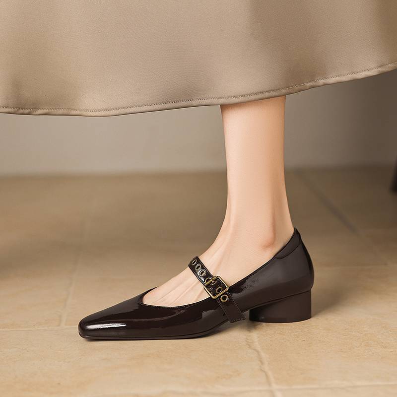 Krazing Pot Genuine Leather Square Toe Low Heels Summer Shoes Big Size 42 Buckle Straps Women Shallow Pumps