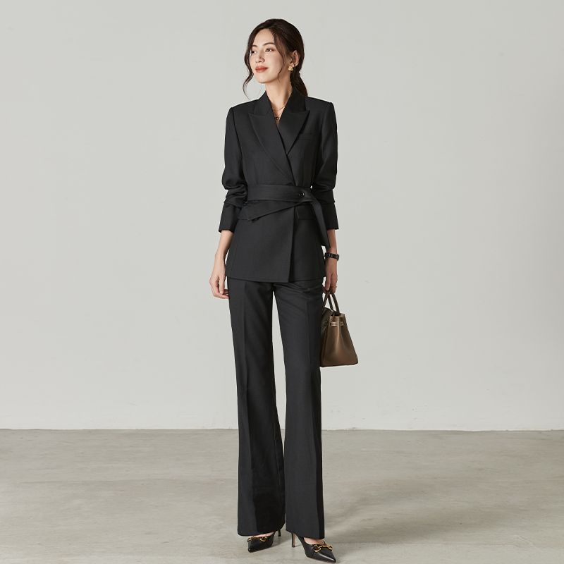 

Fashion Spring, Autumn and Winter New Elegant Black Belt Suit Outwear Handsome Business Ol Suit Bell-Bottom Pants Suit Women Black S