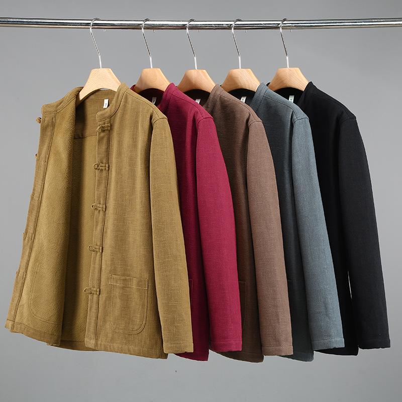 Winter Warm Men Shirt Cotton Linen Thicken Casual Coat Stand Collar Disc Buckle Shirt Grey Fleece Jacket Chinese Traditional Clothing