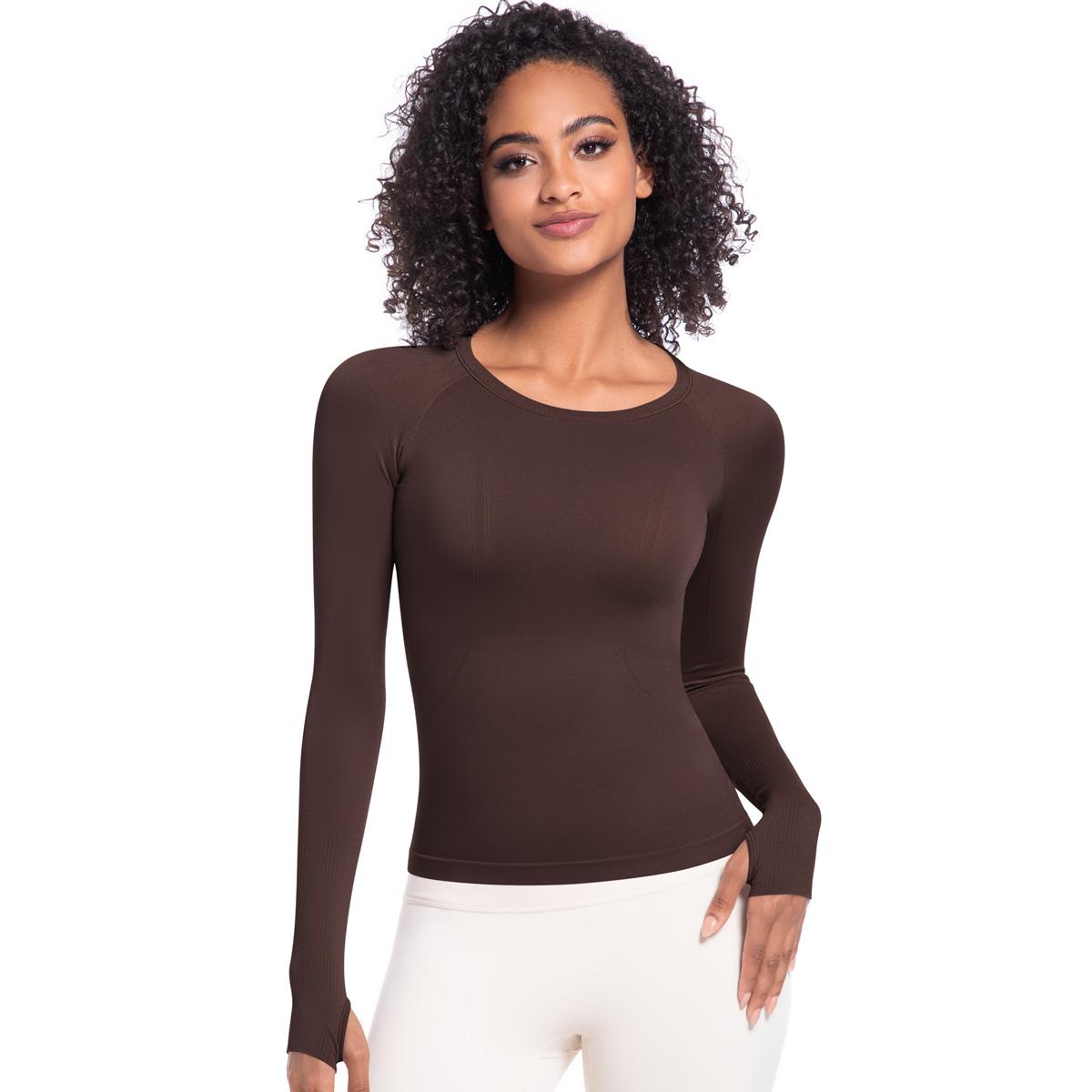 

Auroth Футболки для йоги с длинным рукавом и отверстием для большого пальца для женщин, спортивные топы для спортзала, однотонные, для бега, облегающие, эластичные, для фитнеса XL кофейный