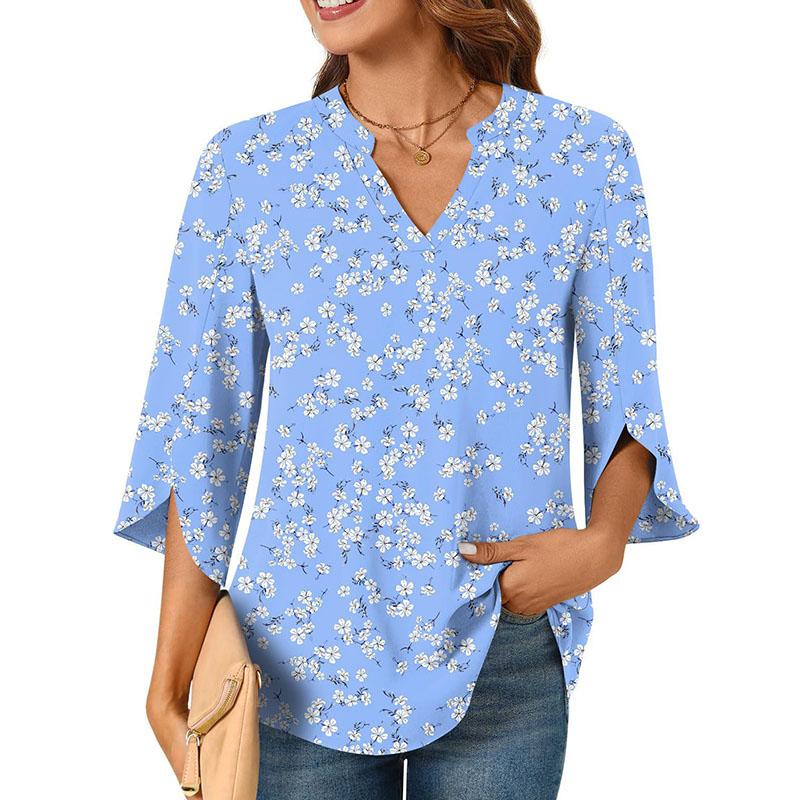 Women Puff Sleeve V Neck Solid Color Summer Chiffon Shirt Blouse Top