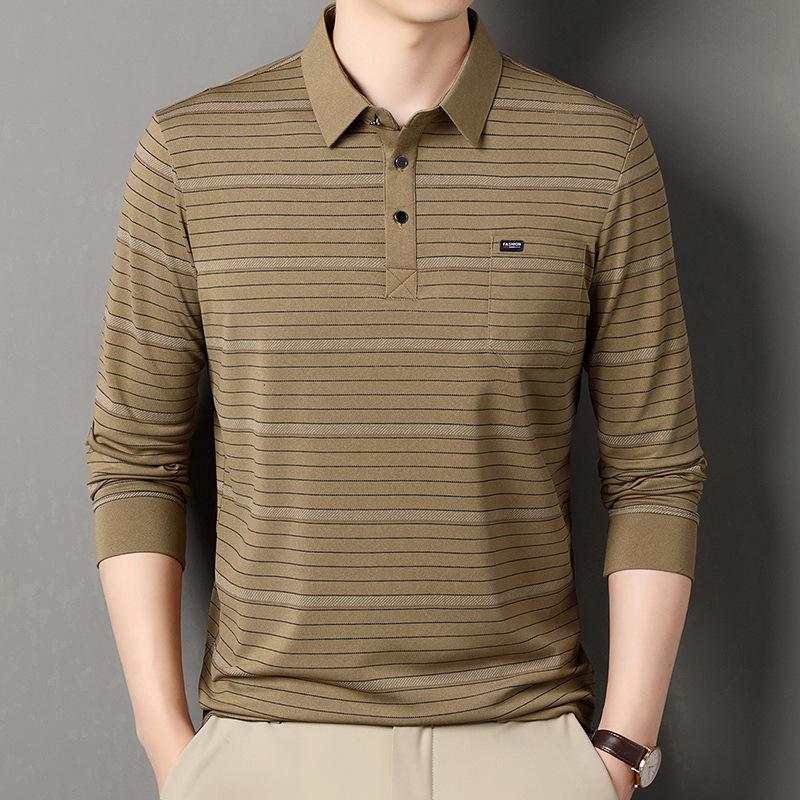 Tricou polo cu mânecă lungă, lejer, pentru bărbați, cu dungi, cu buzunar real în partea de jos