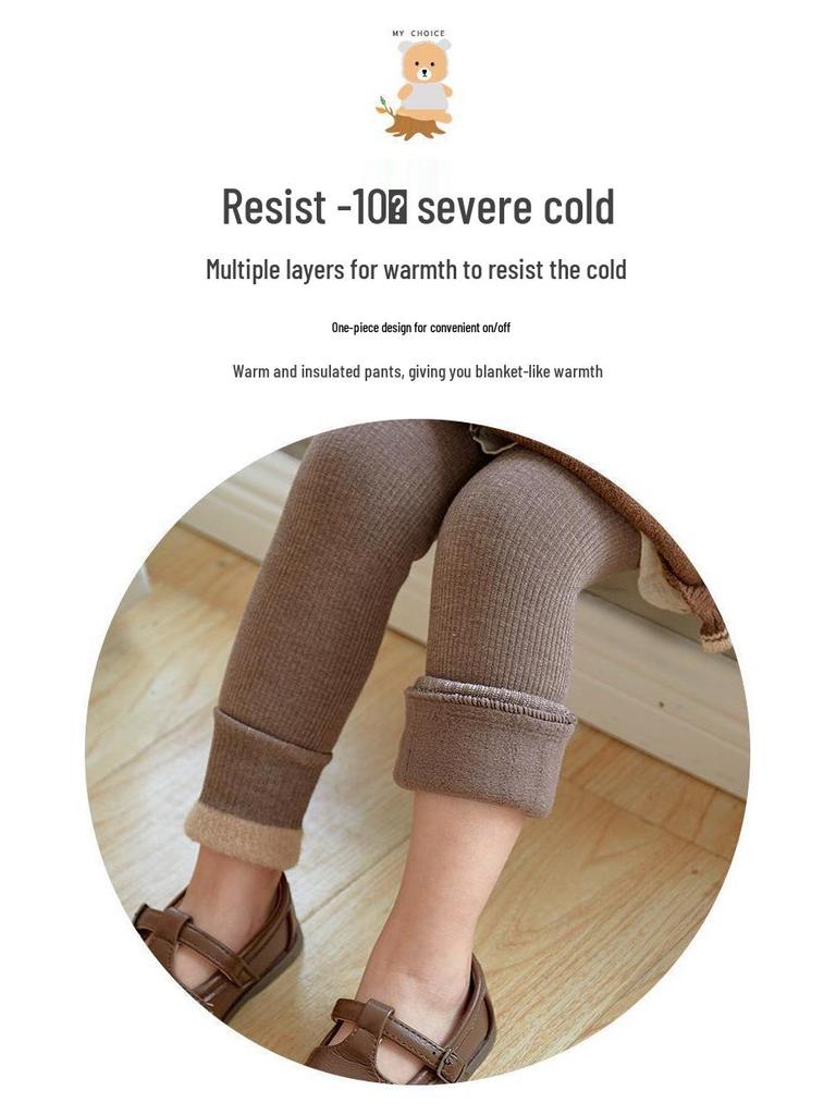 Girls' Fleece-Lined Warm Pants with Fur-Trimmed Cuffs for Autumn and Winter