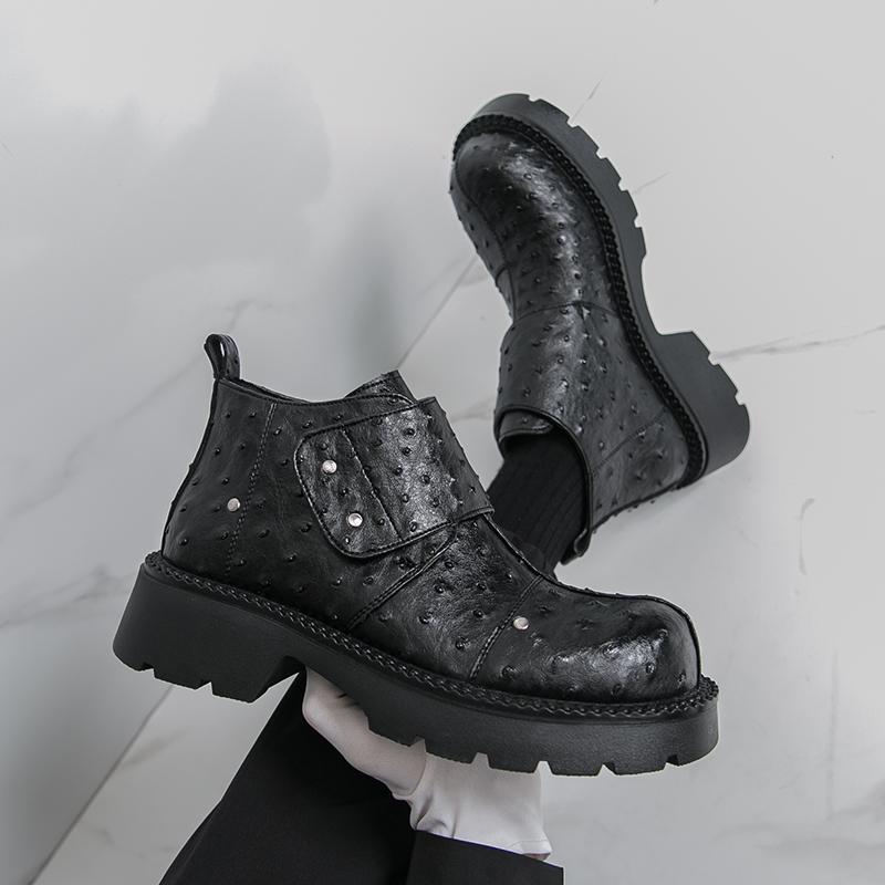 Men’s Retro Punk Thick Sole Platform Boots Elevator Boots Black Zipper Round Toe Motorcycle Boots High Boots Plus Size