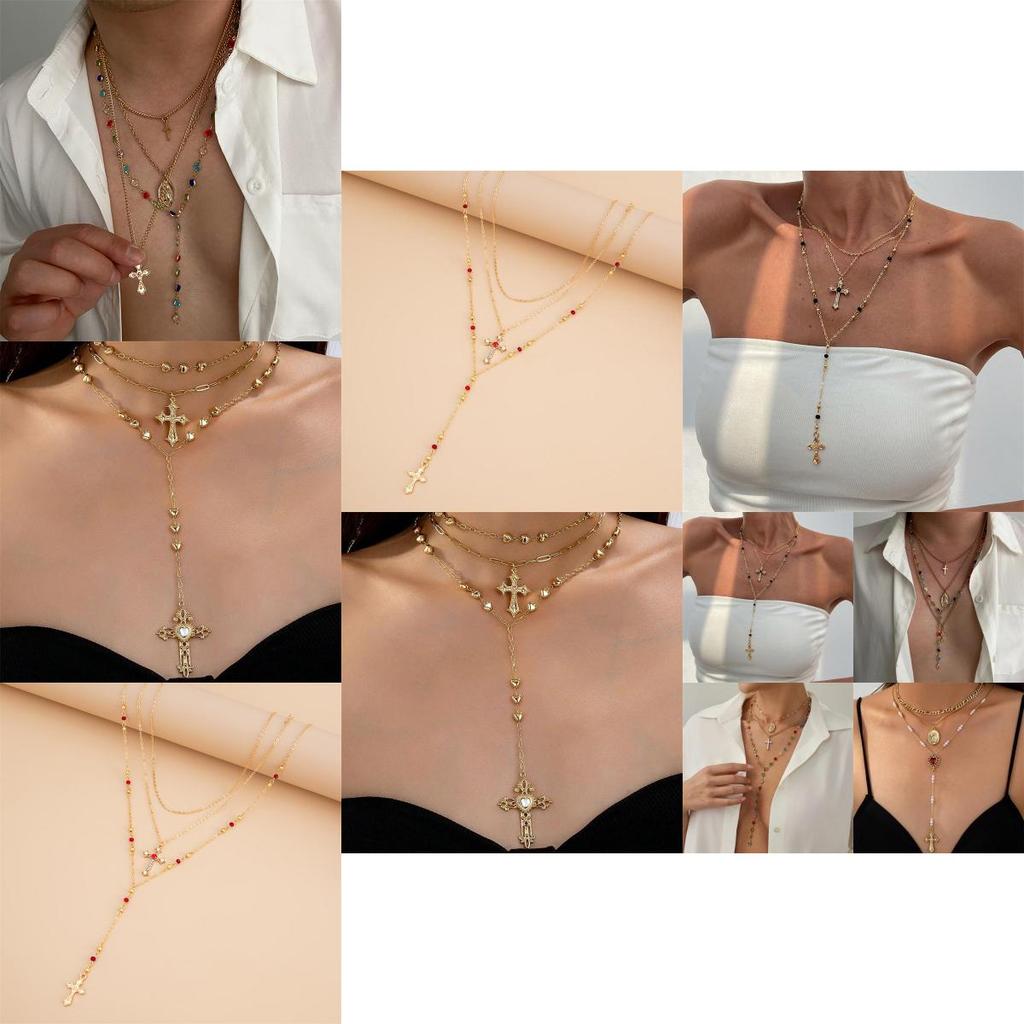 Cross Pendant Necklace For Women With Layered Y Design And Fringes