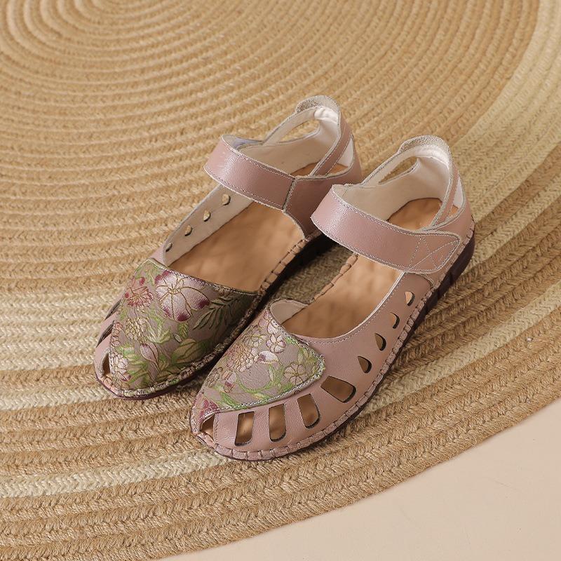 Summer new leather hollow sandals women's flower embroidery flat bottom soft sole mother shoes Velcro shallow mouth