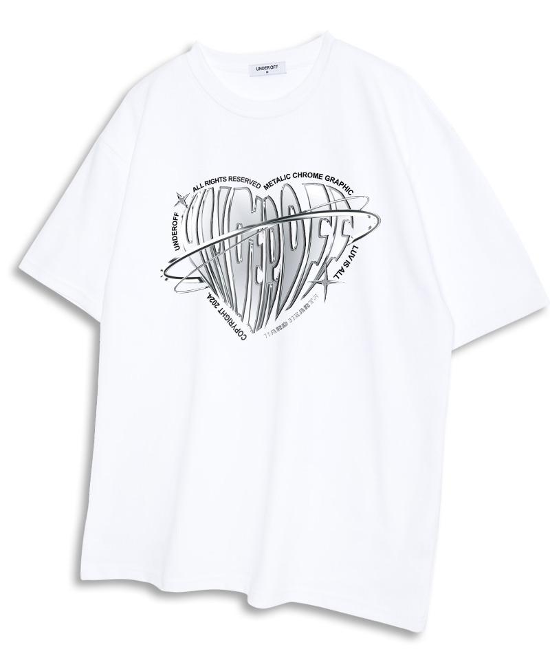 Under Off Oversized Crew Neck Metallic Chrome Heart Logo Short Sleeve T-Shirt White