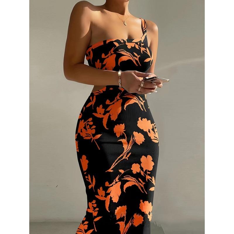 Summer Color-blocking Gradient Sexy and Fashionable Printed Shoulder Strap Hip-hugging Dress