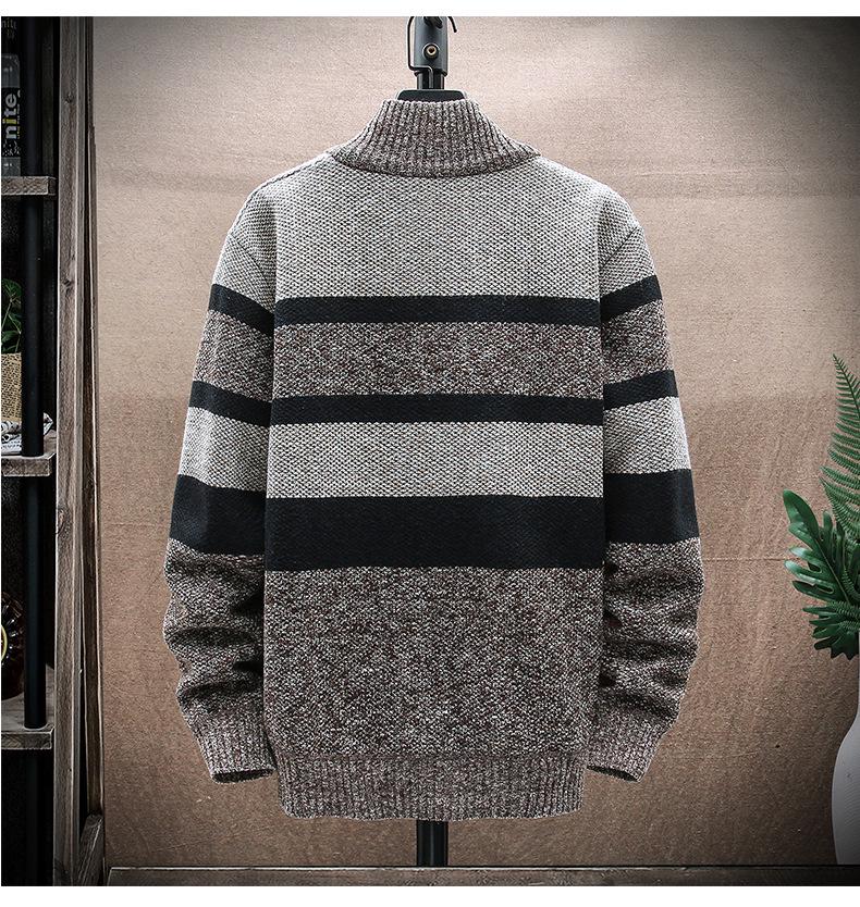 Herren Gestreifter Fleecegefütterter Stehkragen Cardigan - Herbst/Winter Freizeitstrickjacke