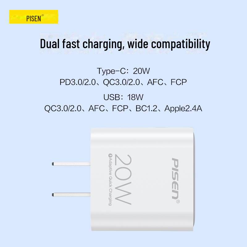 PISEN 20W Dual Port A+C Mini Charger - Fast Charging for Apple & Huawei