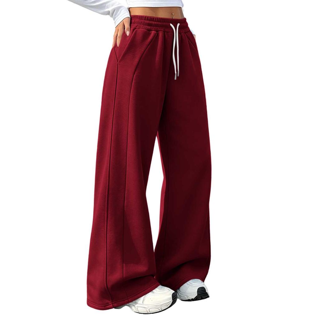 Women Drawstring High Waist Fleece Wide Leg Sweatpants Thick Warm Casual Loose Trousers With Pockets