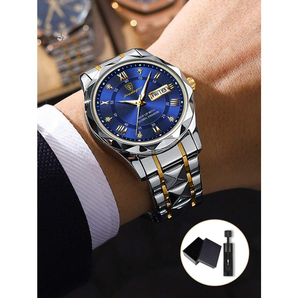 POEDAGAR Business Men's Stainless Steel Dual Calendar Quartz Watch, Casual Waterproof Luminous Men's Watch, Men's Gift