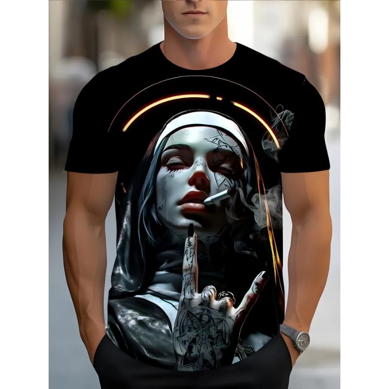 Pánské tričko s 3D grafikou Smoking Nun Černé Ležérní Letní Tričko Krátký Rukáv Polyester Streetwear Trička Vintage Oblečení