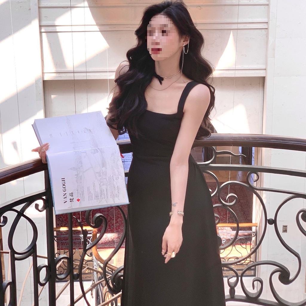 French elegance celebrity temperament square neck dress niche waist thin suspender skirt summer