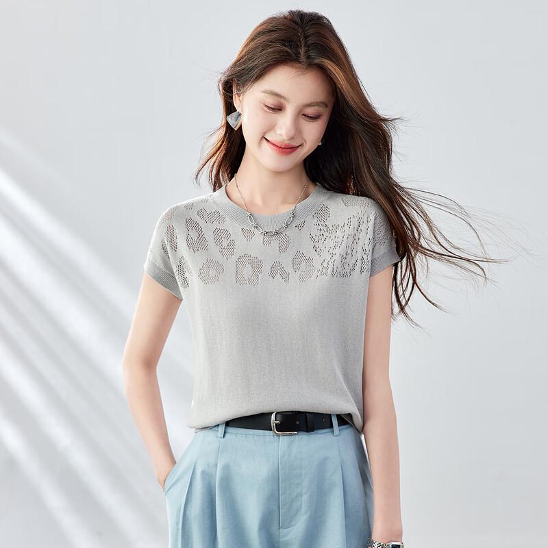 CARBAMMI Women s Hollow Knit Short Sleeve T-shirt L серый