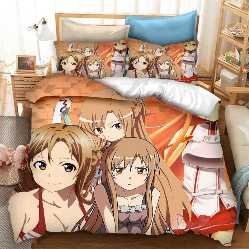 Anime SAO Yuuki Asuna Bedding Set,Duvet Cover Comforter Bed Set Quilt Cover Pillowcase,King Queen Twin Size Boys Girls Adults
