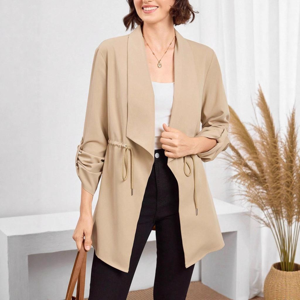 Damen Herbst- und Wintermode Lockerer einfarbiger mittellanger Trenchcoat mit hochgekrempelten Ärmeln