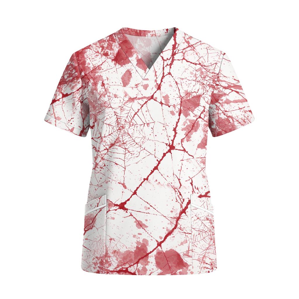Women V Neck Short Sleeve Work Top with Pockets Halloween Print Floral Pattern Spider Web Design Casual Medical Scrub Shirt