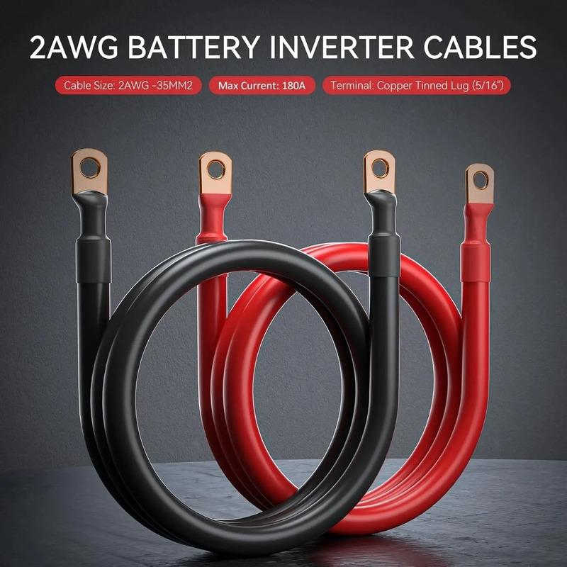 ECGSOLAX 2AWG Soft Battery Connection Cable Stranded Copper Wire With Heavy Duty M10 Lug For Inverter Car Solar UPS Marine Boat