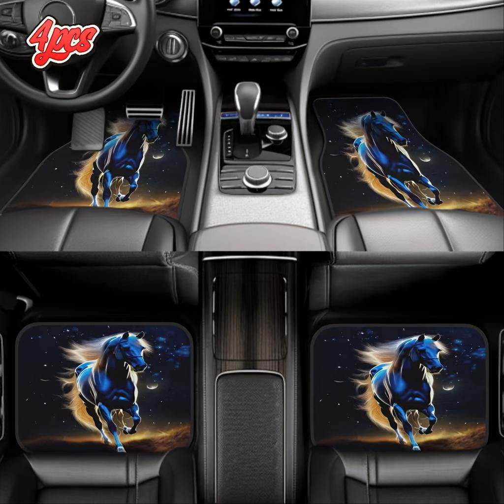 4ks Sada autokoberců s motivem Hvězdné nebe a koně - Univerzální střih, Plné pokrytí vpředu i vzadu, Křišťálový samet Polyester Auto Inte