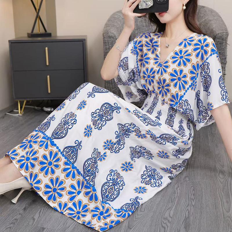 25th Anniversary Ethnic V-Neck Rayon Short Sleeve French-Thai Print Holiday Dress for Women