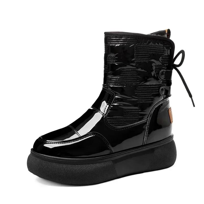 Móda Teplé Kotníkové Kozačky s Kožíškem Dámské Sněhule Platforma Pu Krátké Kožené Kozačky Zimní Hrubé Plyšové 2024 Bílé Botas Mujer 40