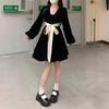 Autumn large size strap bow French dress fat mm women's high-end velvet thin dress long skirt