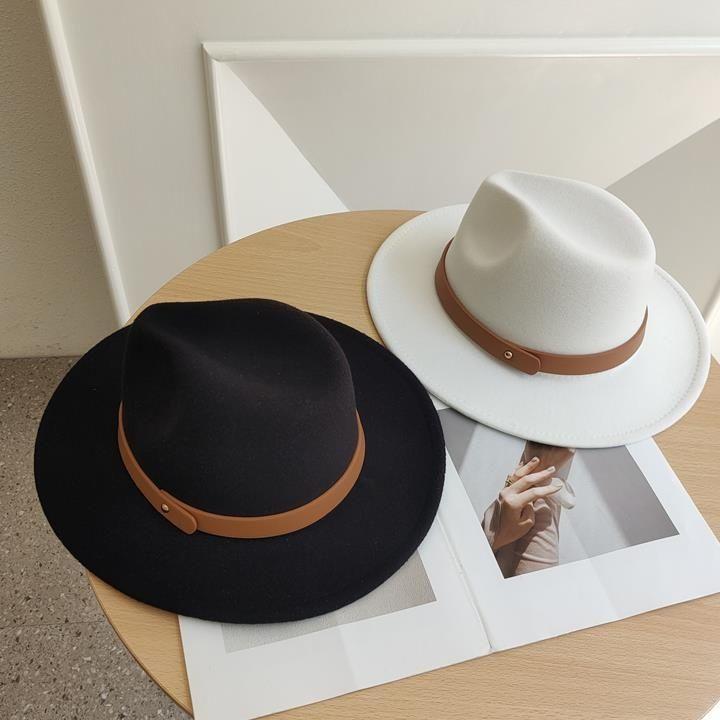 Winter British Style Brown Belt Soft Felt Hat Men'S And Women'S Gentleman'S Top Hat Large Flat Brim Woolen Warm Jazz Hat