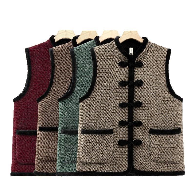 Autumn and winter Chinese style autumn and winter velvet vest buckle middle and old vest warm women's jacket thickened