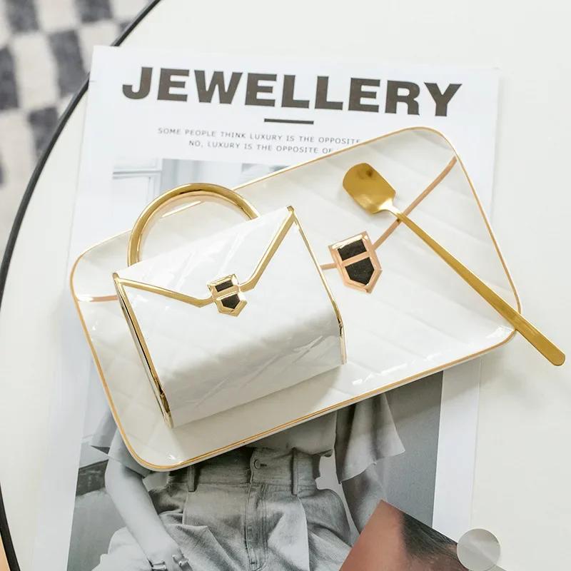 Bag Shaped Coffee Mug Luruxy Aesthetic Cup Ceramic Handbag Shape Tea Mug Saucer Set Dessert Afternoon Water Cup Drinkware Gift