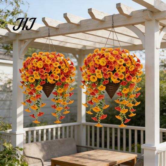 Realistic Silk Petunias Artificial Morning Glory Flower, Faux Fall Hanging Flowers Plants, UV Autumn Decor for Front Door Resistant Wall Home
