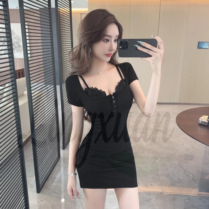Nightclub Sexy Low-Cut Slimming Bodycon Dress with Chest Pads & Short Sleeves Medium