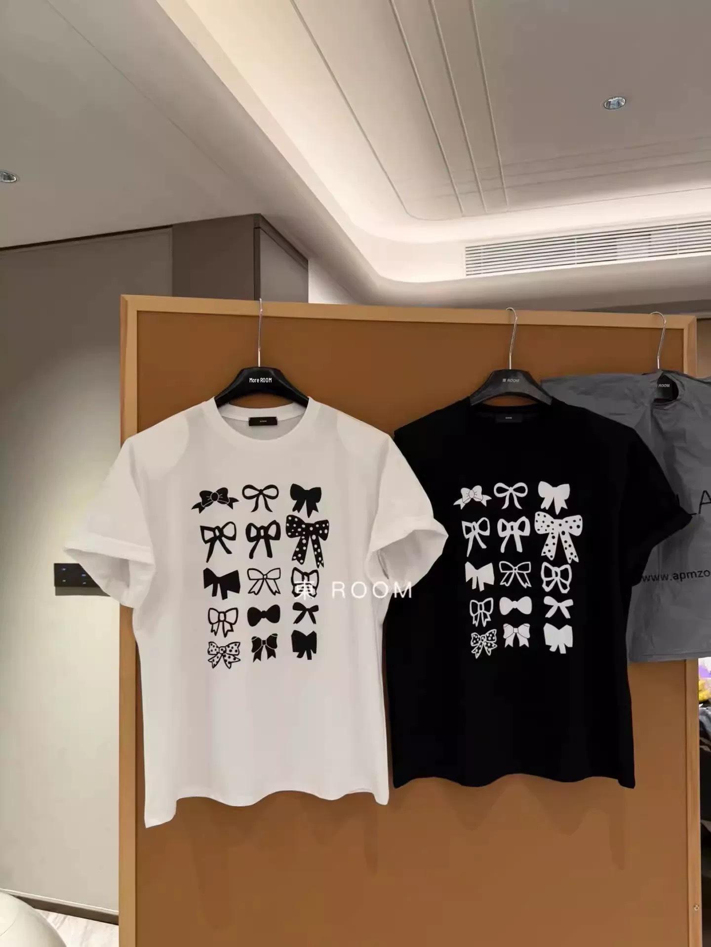 Plus Size Bow Print Casual Korean T-Shirt - Women’s Summer Loose Pure Cotton Top M