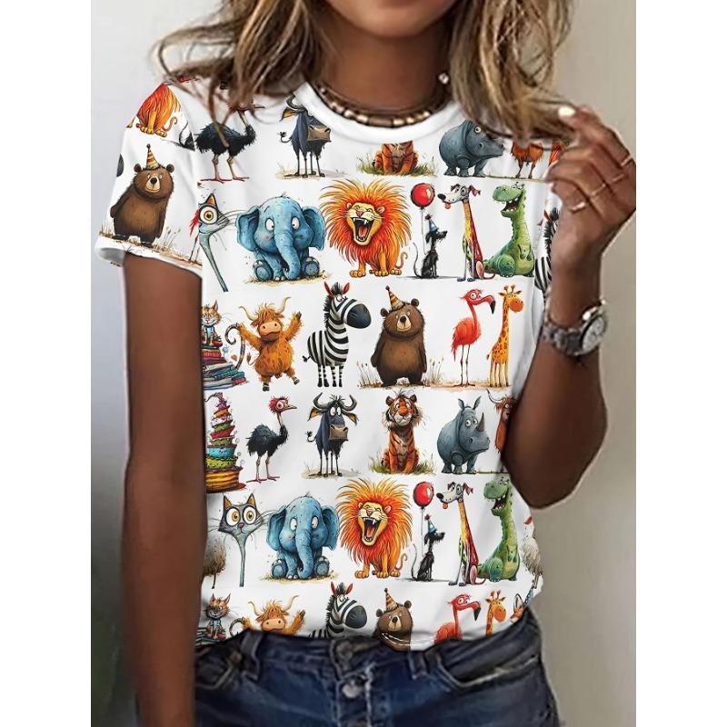 

Ladies Casual Short Sleeved T-shirt with Fun Cartoon Animal Print - Bright Digital Pattern Round Neck Top XL