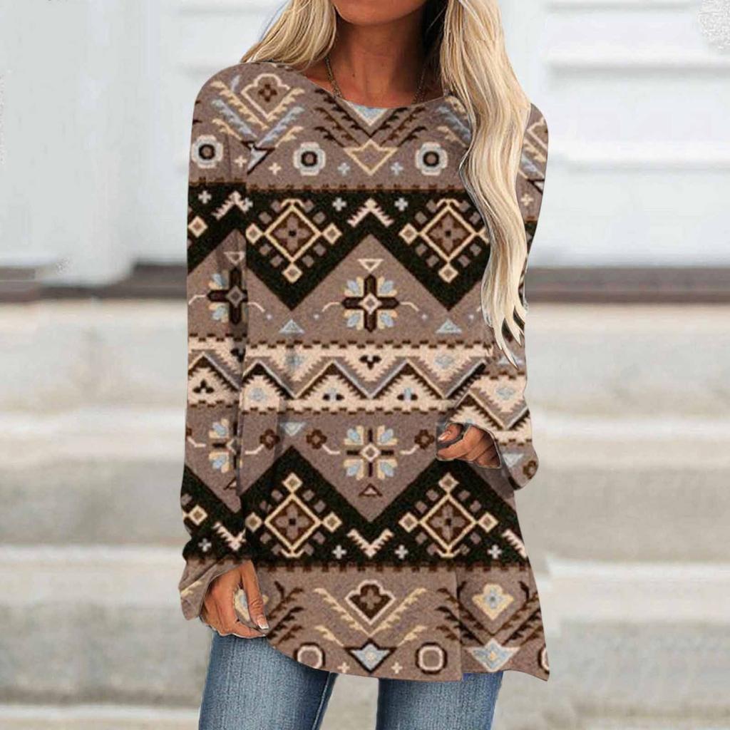 Ethnic tribe geometric print autumn casual comfortable women's long sleeve T-shirt Urban street trend fashion women long sleeve