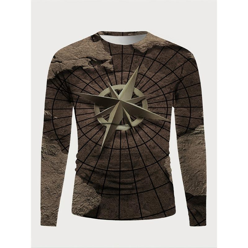 Fashion Compass 3D Printed Men's Long Sleeve T-shirt Spring Retro Casual Crew Collar T-shirt