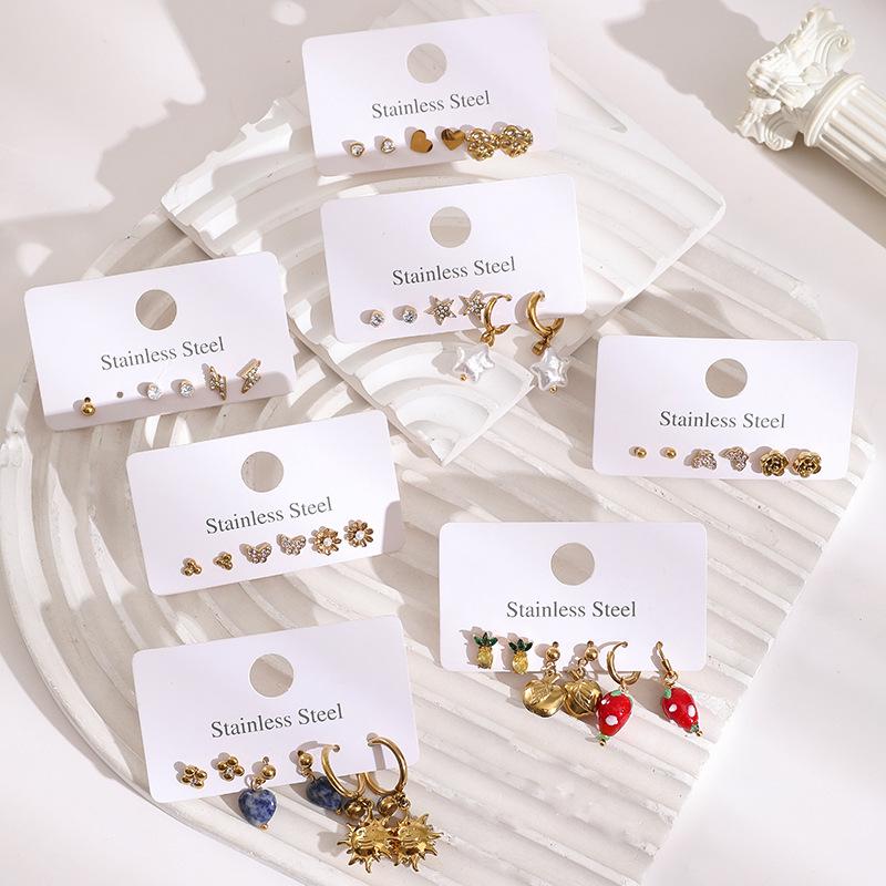 Stainless Steel Stud Earrings Set with Zirconia: Butterfly, Star, Heart & Four-Leaf Clover Designs