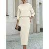 Completo Donna con Scollo ad Drappeggio e Manica a Tre Quarti, Gonna, Vestibilità Aderente, Elegante, Due Pezzi, Outfit Midi