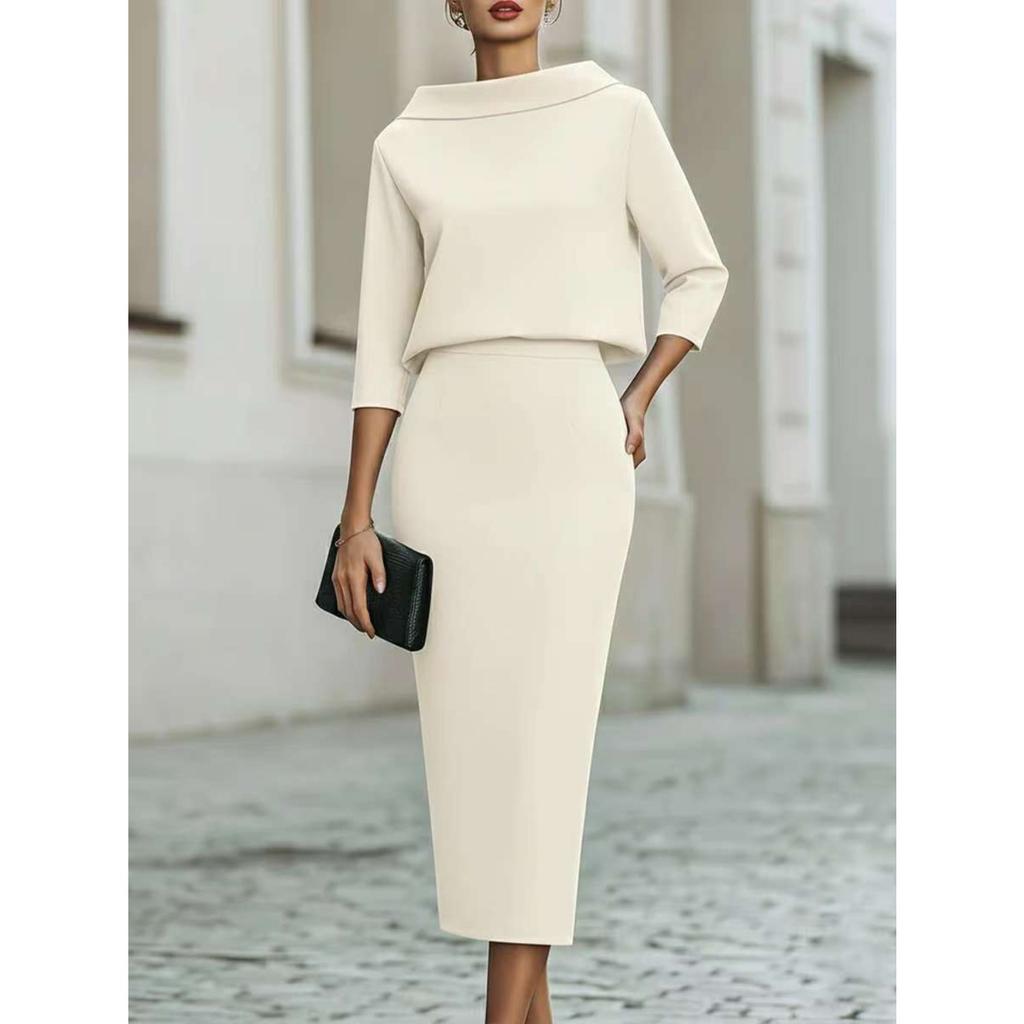 Completo Donna con Scollo ad Drappeggio e Manica a Tre Quarti, Gonna, Vestibilità Aderente, Elegante, Due Pezzi, Outfit Midi