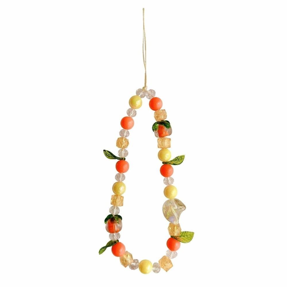 

Orange Persimmon Leaves Phone Lanyard Bag Chain Cartoon Bracelet Crystal Bead Charms Handmade Bag Decoration Anti Loss Rope