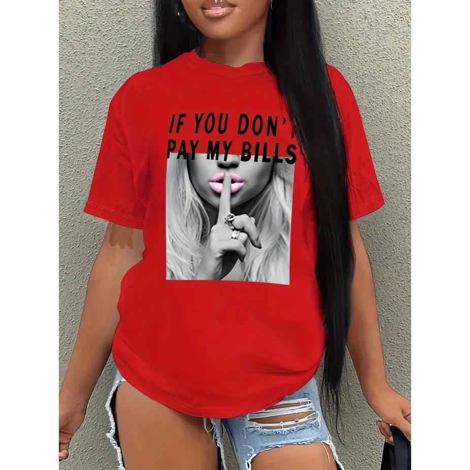 Streetwear Letters 3d Print Round Neck Short Sleeved T-shirt for Women Breathable Polyester Stretch Comfortable for Everyday