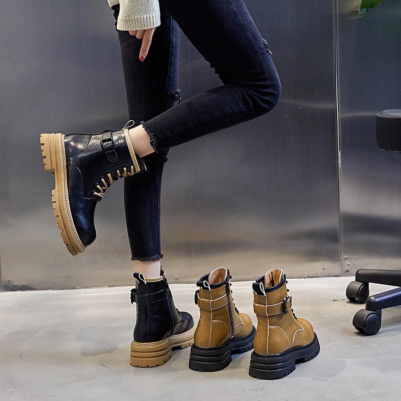 Winter 2025 New British Martin Boots Women's Thick Heel Platform Casual Short Boots Women's Medium Leather Boots Women's