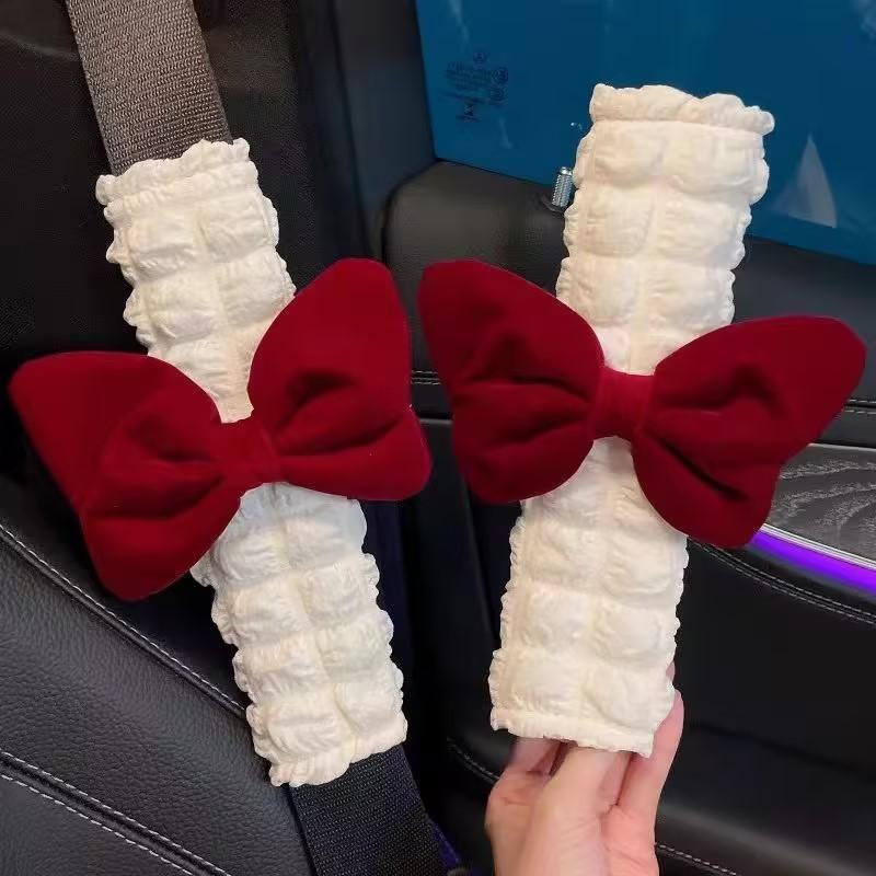 Cute Pink Bow Puff Plush Car Seat Belt Cover Soft Seatbelt Shoulder Pad Protector Auto Neck Support Cushion For Women Girls