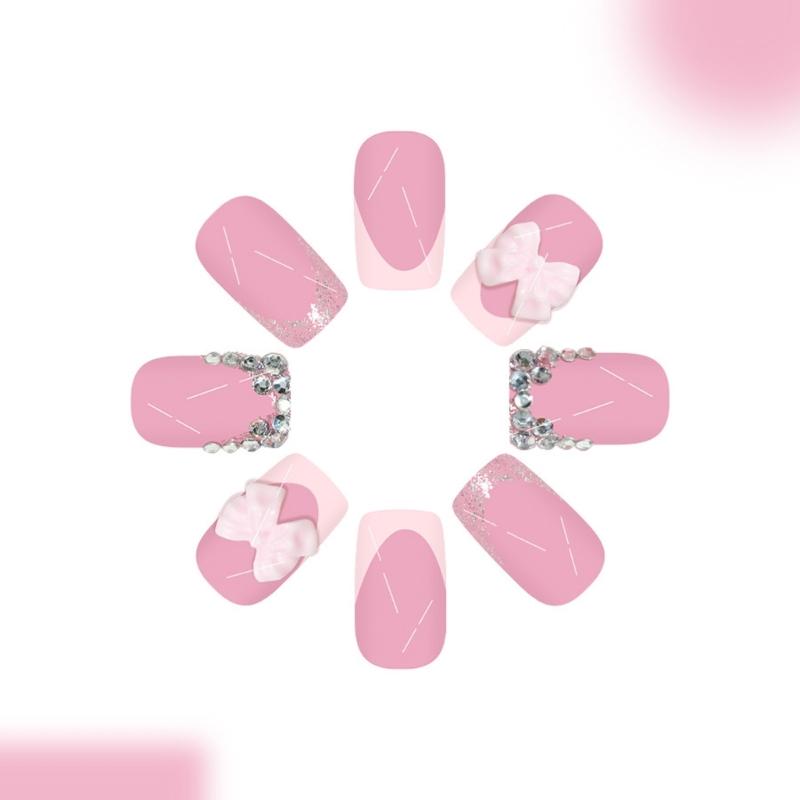 24PCS French Pink Glitters Short False Nail With Bows Design ABS Fake Nail Easy To Apply For Women Party Comfortable Wear