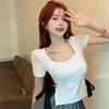 Square collar pure desire sweet spice girl showing collarbone short sleeve T-shirt women's split fork bow slim fit unique chic top