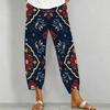 Women Plus Size Loose Printed Cropped Pants Navy Blue Cross Hem With Pockets