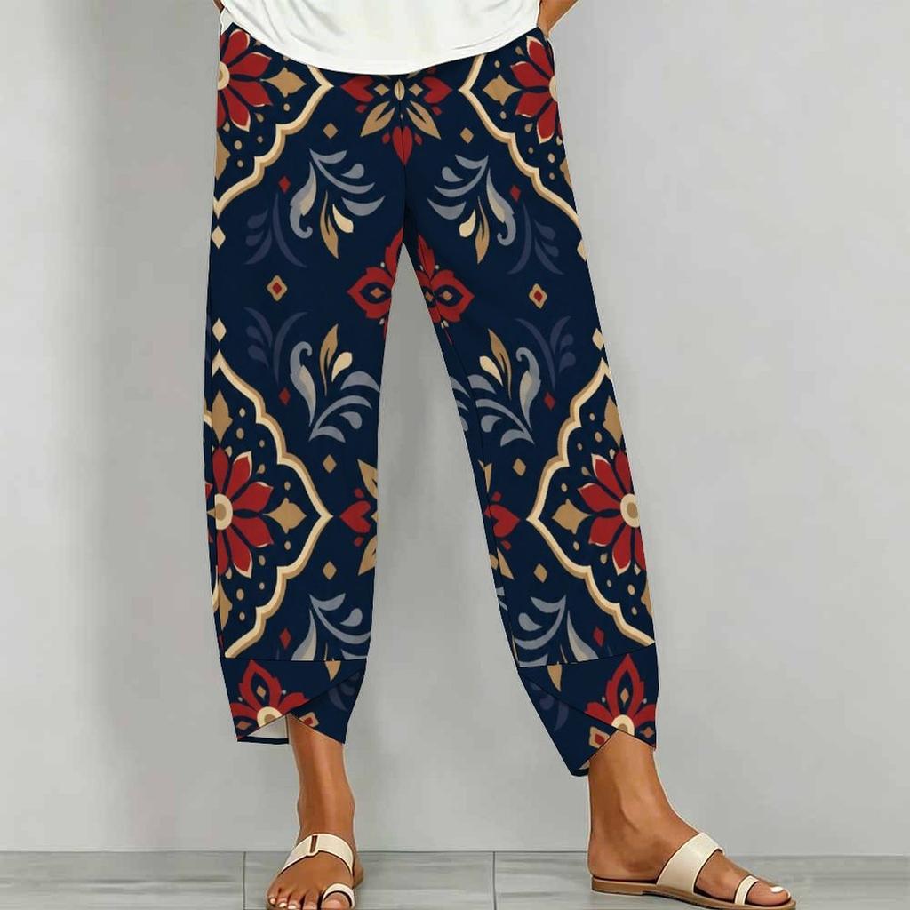 Women Plus Size Loose Printed Cropped Pants Navy Blue Cross Hem With Pockets