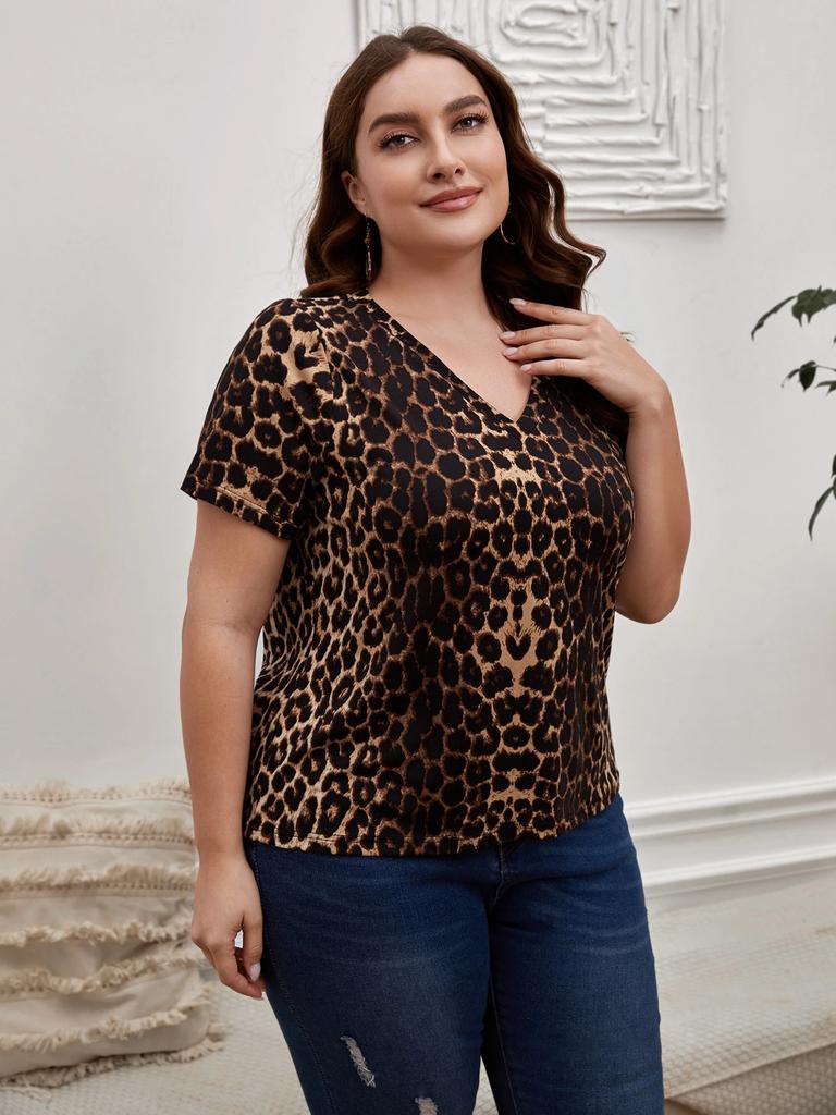 Plus Size Leopard Design Pattern Printed T-shirt Summer Fashionable High Quality Short Sleeved Casual Sports V-Neck Pullover Top